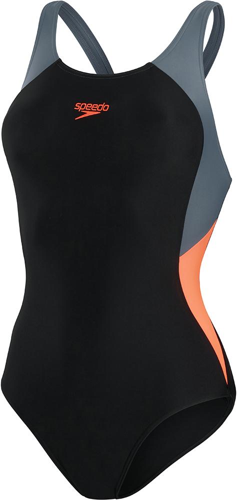 Speedo Womens Colourblock Splice Muscleback Swimsuit - Black/usa Charcoal/siren Red
